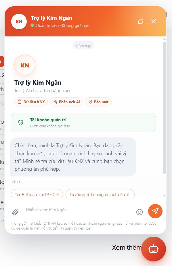 KNX: giao diện Trợ lý Kim Ngân tư vấn vị trí quảng cáo