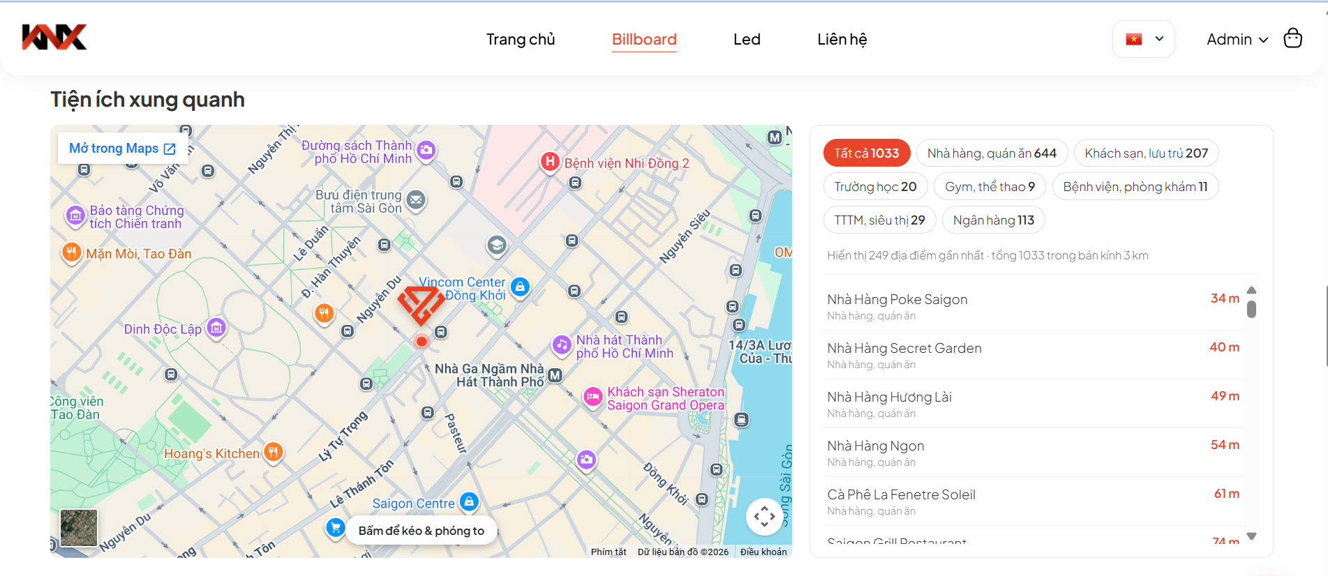 KNX: bản đồ và các tiện ích xung quanh vị trí quảng cáo
